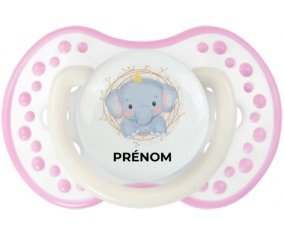 Éléphant couronne jaune avec prénom : Blanc-rose phosphorescente Tétine embout Lovi Dynamic