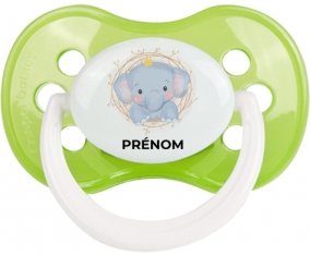 Éléphant couronne jaune avec prénom : Vert classique Tétine embout anatomique