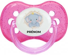 Éléphant couronne jaune avec prénom : Rose à paillette Tétine embout cerise