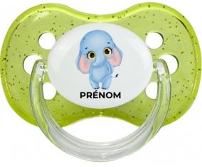Bébé éléphant avec prénom : Vert à paillette Tétine embout cerise