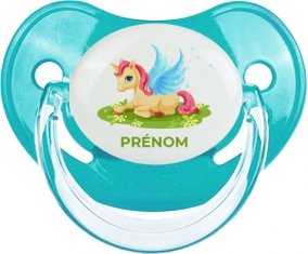 Licorne design-8 avec prénom : Bleue classique Tétine embout physiologique