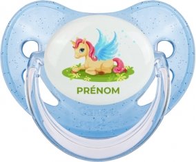 Licorne design-8 avec prénom : Bleue à paillette Tétine embout physiologique