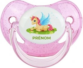 Licorne design-8 avec prénom : Rose à paillette Tétine embout physiologique