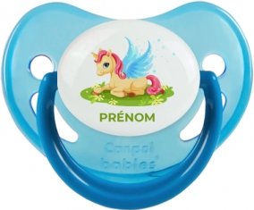 Licorne design-8 avec prénom : Bleue phosphorescente Tétine embout physiologique