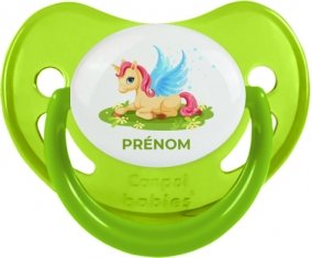 Licorne design-8 avec prénom : Vert phosphorescente Tétine embout physiologique