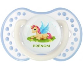 Licorne design-8 avec prénom : Blanc-cyan classique Tétine embout Lovi Dynamic