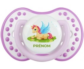 Licorne design-8 avec prénom : Blanc-mauve classique Tétine embout Lovi Dynamic