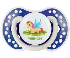 Licorne design-8 avec prénom : Bleu-marine phosphorescente Tétine embout Lovi Dynamic