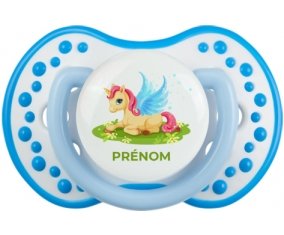 Licorne design-8 avec prénom : Blanc-bleu phosphorescente Tétine embout Lovi Dynamic