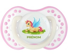 Licorne design-8 avec prénom : Blanc-rose phosphorescente Tétine embout Lovi Dynamic
