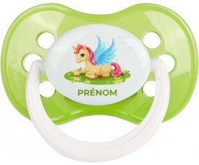 Licorne design-8 avec prénom : Vert classique Tétine embout anatomique