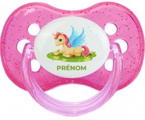 Licorne design-8 avec prénom : Rose à paillette Tétine embout cerise