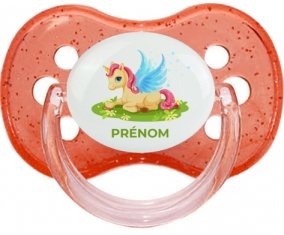 Licorne design-8 avec prénom : Rouge à paillette Tétine embout cerise