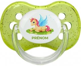 Licorne design-8 avec prénom : Vert à paillette Tétine embout cerise