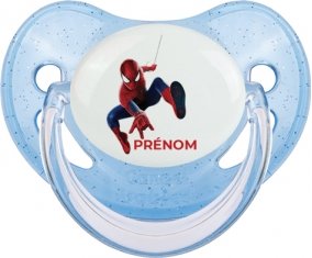 Spiderman design-1 avec prénom : Bleue à paillette Tétine embout physiologique