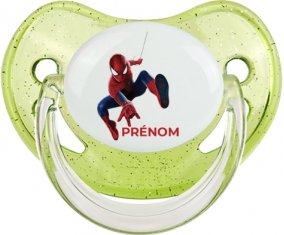 Spiderman design-1 avec prénom : Vert à paillette Tétine embout physiologique