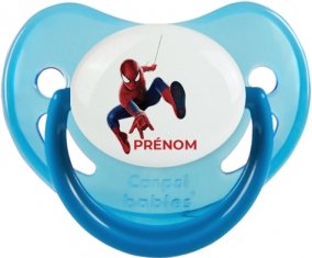 Spiderman design-1 avec prénom : Bleue phosphorescente Tétine embout physiologique