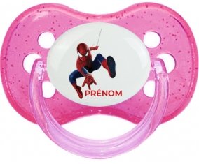 Spiderman design-1 avec prénom : Rose à paillette Tétine embout cerise