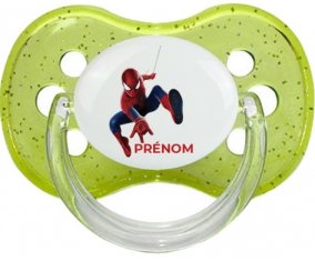 Spiderman design-1 avec prénom : Vert à paillette Tétine embout cerise