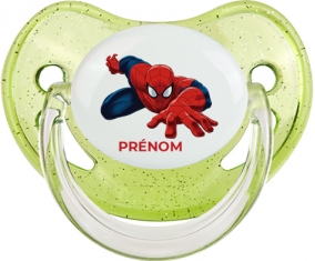 Spiderman design-2 avec prénom : Vert à paillette Tétine embout physiologique