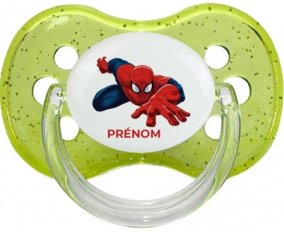 Spiderman design-2 avec prénom : Vert à paillette Tétine embout cerise