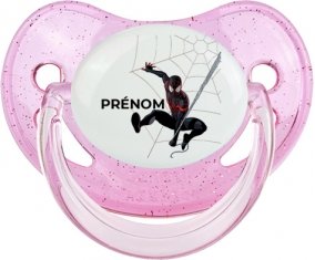 Spiderman design-4 avec prénom : Rose à paillette Tétine embout physiologique