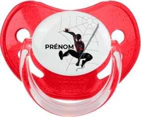 Spiderman design-4 avec prénom : Rouge à paillette Tétine embout physiologique