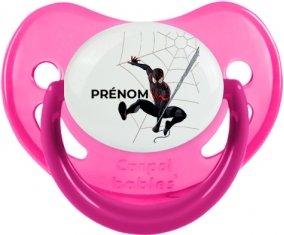 Spiderman design-4 avec prénom : Rose phosphorescente Tétine embout physiologique
