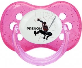 Spiderman design-4 avec prénom : Rose à paillette Tétine embout cerise