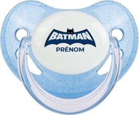 Batman logo bleu avec prénom : Bleue à paillette Tétine embout physiologique