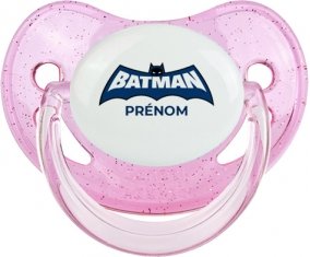 Batman logo bleu avec prénom : Rose à paillette Tétine embout physiologique