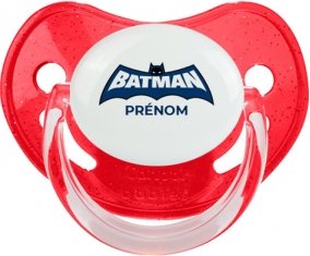 Batman logo bleu avec prénom : Rouge à paillette Tétine embout physiologique