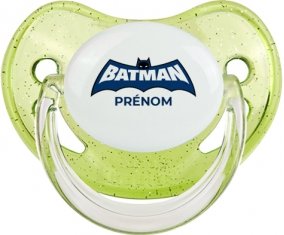 Batman logo bleu avec prénom : Vert à paillette Tétine embout physiologique