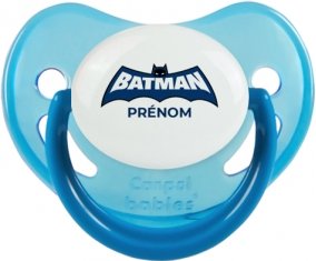 Batman logo bleu avec prénom : Bleue phosphorescente Tétine embout physiologique