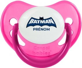 Batman logo bleu avec prénom : Rose phosphorescente Tétine embout physiologique