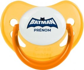 Batman logo bleu avec prénom : Jaune phosphorescente Tétine embout physiologique
