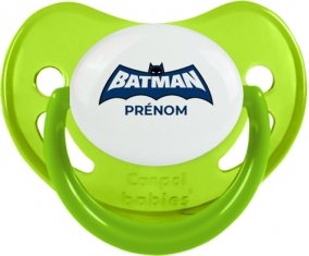 Batman logo bleu avec prénom : Vert phosphorescente Tétine embout physiologique