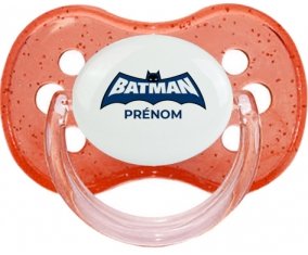 Batman logo bleu avec prénom : Rouge à paillette Tétine embout cerise