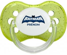 Batman logo bleu avec prénom : Vert à paillette Tétine embout cerise