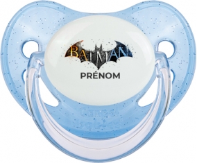 Batman logo design-1 avec prénom : Bleue à paillette Tétine embout physiologique