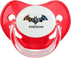 Batman logo design-1 avec prénom : Rouge à paillette Tétine embout physiologique