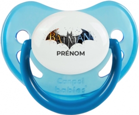Batman logo design-1 avec prénom : Bleue phosphorescente Tétine embout physiologique