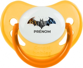 Batman logo design-1 avec prénom : Jaune phosphorescente Tétine embout physiologique