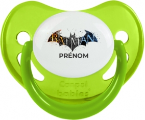 Batman logo design-1 avec prénom : Vert phosphorescente Tétine embout physiologique