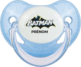 Batman logo design-2 avec prénom : Bleue à paillette Tétine embout physiologique