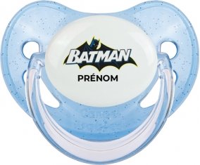 Batman logo design-2 avec prénom : Bleue à paillette Tétine embout physiologique