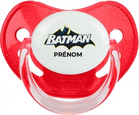 Batman logo design-2 avec prénom : Rouge à paillette Tétine embout physiologique