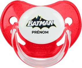 Batman logo design-2 avec prénom : Rouge à paillette Tétine embout physiologique