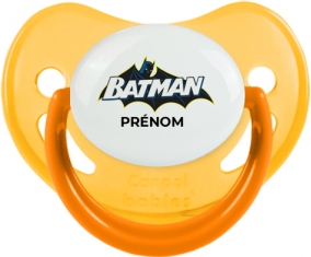Batman logo design-2 avec prénom : Jaune phosphorescente Tétine embout physiologique