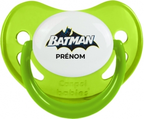 Batman logo design-2 avec prénom : Vert phosphorescente Tétine embout physiologique
